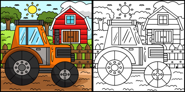 Tractor Vehicle Coloring Page Colored Illustration
