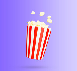 Popcorn bucket 3d icon. Red and white bucket with popcorn flying. 3d rendered illustration.