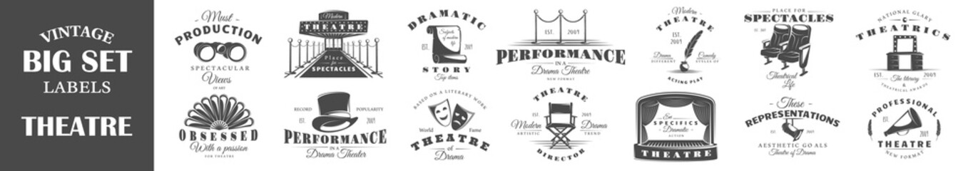 Set of theatre labels. Collection of theatre symbols: stage, mask, curtain. Emblems and logos of theatre. Vector illustration