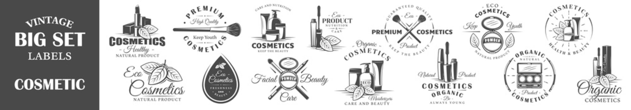 Set of vintage cosmetics labels, logos. Design elements for graphic and web design, natural products. Collection symbols: cream, bottle, packaging. Vector illustration