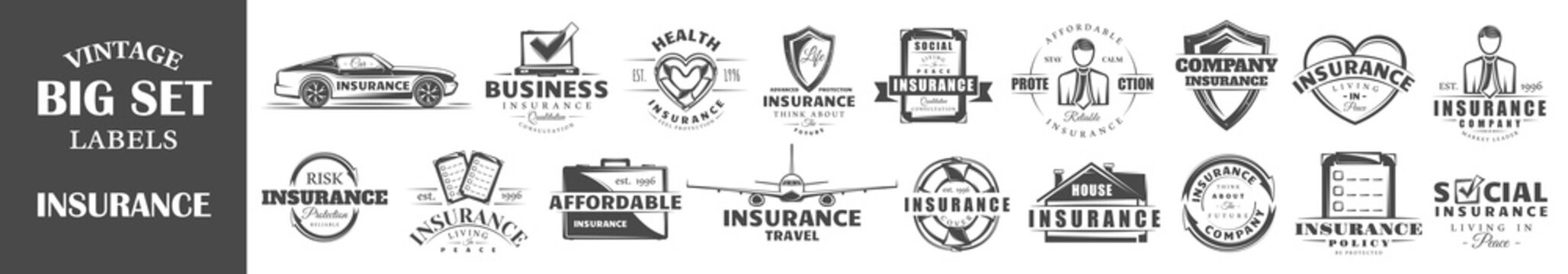 Set of insurance labels. Collection of  insurance symbols: shield, lifebuoy, protection. Vector illustration 
