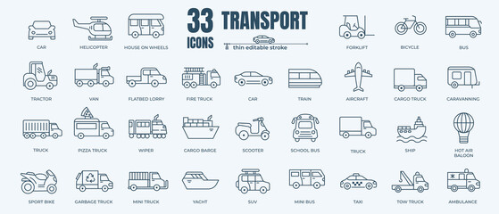 Transport icon set with editable stroke and white background. Thin line style of bus, car, truck and train stock vector. - obrazy, fototapety, plakaty