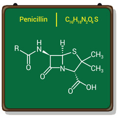 chemical structure of Penicillin (C16H18N2O4S) - obrazy, fototapety, plakaty