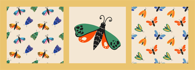 Elegant seamless pattern with colorful beans and moths, poster set. Cute background in boho style. Design for postcard, fabric, print, greeting, fabric, poster, clothing, textile.