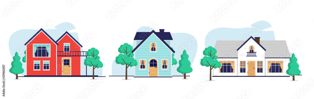 Poster vector houses in flat design - set of three 2d house designs in front view with white background