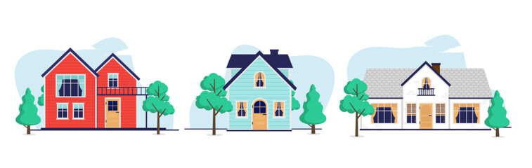Vector houses in flat design - Set of three 2d house designs in front view with white background