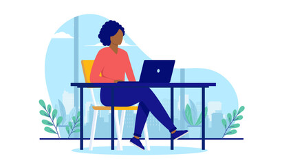 African American Black professional woman sitting with computer laptop working in flat design vector illustration with white background