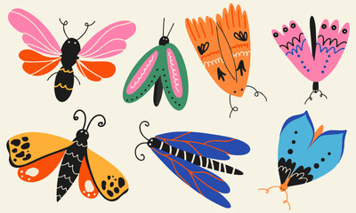 Set of various yak butterflies and moths. Insect with beautiful wings, fauna, tropical insect. Flat design, cartoon.