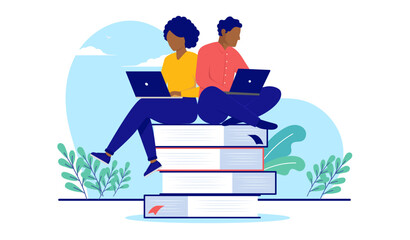 Minority students and education - Two black people sitting on books reading on computer studying and educating themselves. Flat design vector illustration with white background