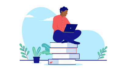 Minority education - Black man sitting on books with computer studying and learning. Flat design vector illustration with white background - obrazy, fototapety, plakaty