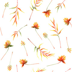 Watercolor autumn seamless pattern. Leaves and plants. Fall season floral fashion collection. Isolated on white background. Hand painted illustration for design wallpaper, fabric, invitation.