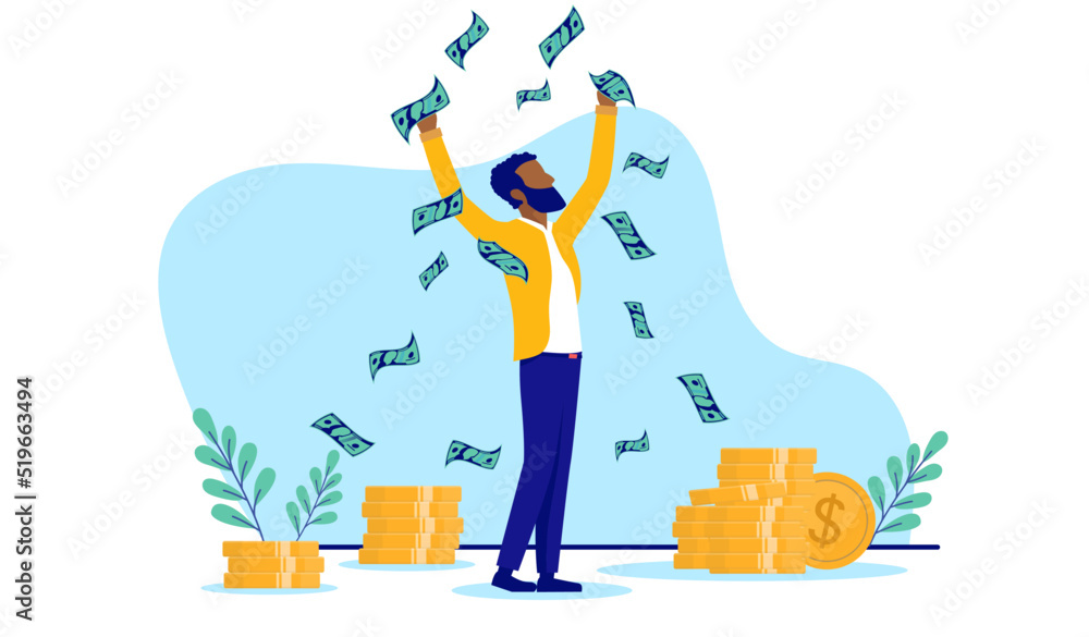 Aufkleber rich african american man making money and celebrating with hands in air cheering and being happy. f