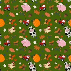 Farm animals and tractors autumn seamless pattern on green background