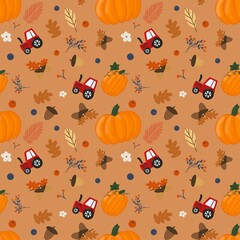 Autumn farm seamless pattern on orange background