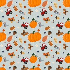 Autumn seamless pattern with pumpkins and tractors on grey background