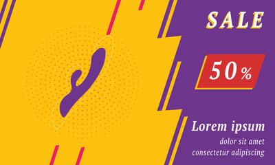 Sale promotion banner with place for your text. On the left is the sex toy symbol. Promotional text with discount percentage on the right side. Vector illustration on yellow background