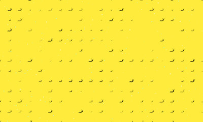 Seamless background pattern of evenly spaced black caterpillar symbols of different sizes and opacity. Vector illustration on yellow background with stars