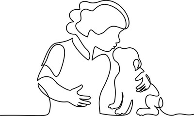 Happy little girl kissing dog pet puppy. Continuous one line drawing