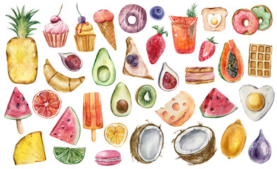 Watercolor tropical frits, vegetables,  food, drinks hand painted illustration set- pineapple, lemon, avocado, kiwi, coconut, ice cream, fig, watermelon, coctail, strawberry.