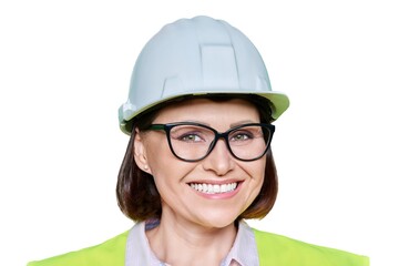 Female industrial worker in protective hard hat and vest on white isolated background