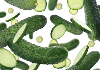 Fresh green cucumbers falling on white background