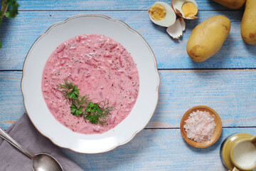 A plate with cold beetroot soup - national dish of Baltic region