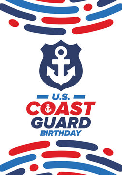 U.S. Coast Guard Birthday in United States. Federal holiday, celebrated annual in August 4. Sea style. Design with anchor and shield. Patriotic element. Poster, greeting card, banner and background
