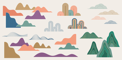 Collection of hand drawn clouds and mountains. Chinese and Japanese vector illustrations. Oriental decorations and elements