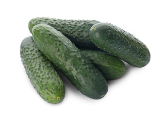 Whole fresh green cucumbers on white background