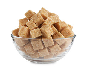 Bowl with cubes of brown sugar isolated on white