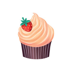 illustration of tasty cupcake with orange cream and strawberry isolated on white background. Vector illustration 