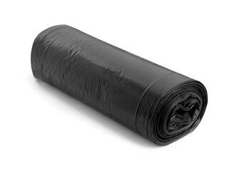 Roll of grey garbage bags on white background. Cleaning supplies