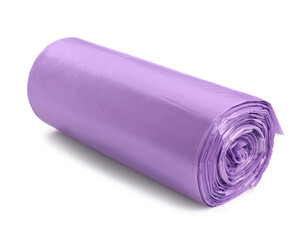Roll of violet garbage bags on white background. Cleaning supplies