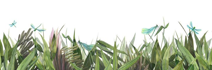 Bamboo flowers and leaves with dragonflies, horizontal banner. Watercolor illustration. For the design and design of websites, boards, postcards, posters, wallpapers, invitations, certificates. © NATASHA-CHU