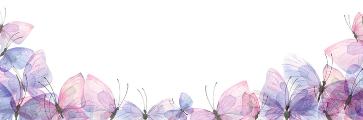 Horizontal board with delicate pink and purple butterflies. Watercolor illustration. For registration and design of invitations to a wedding, a romantic party, a beauty salon certificate, postcards