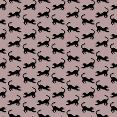 Fototapeta na wymiar Black silhouettes of cats, hand-drawn, on a lilac background. Seamless pattern from a large set of PARIS. For fabric, textiles, packaging paper, wallpaper, cover, accessories, clothing, design
