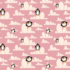 Winter cartoon seamless penguin pattern for wrapping Christmas paper and clothes print and kids