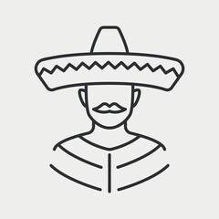 Mexican Man in sombrero Line Icon. Latino human avatar. South America culture people. Mexico character person. Vector illustration