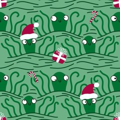 Christmas on the beach seamless cartoon octopus Santa hat pattern for clothes print and wrapping and kids