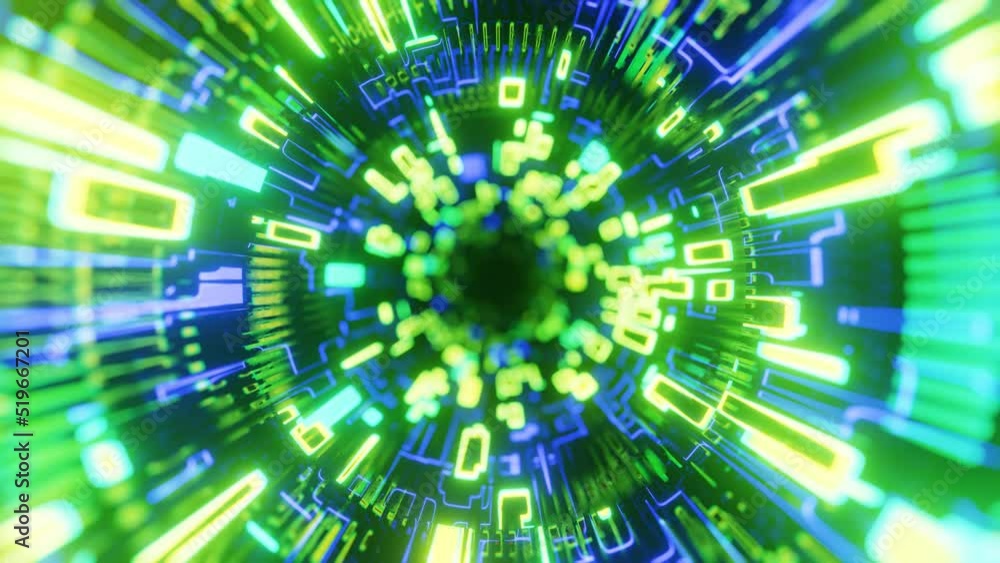 Poster concentric structures. fly through technology cyberspace with neon glow. sci-fi flight through hi-te