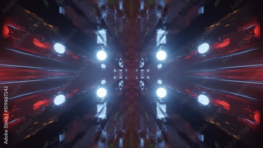 Poster fly through symmetrical technology cyberspace with neon glow. sci-fi flight through hi-tech technolo