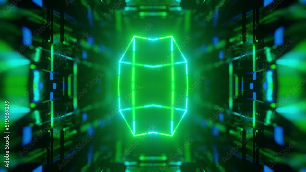 Poster symmetrical 3d object or structure rotates and moves inside glass mirror tunnel with neon light, bri