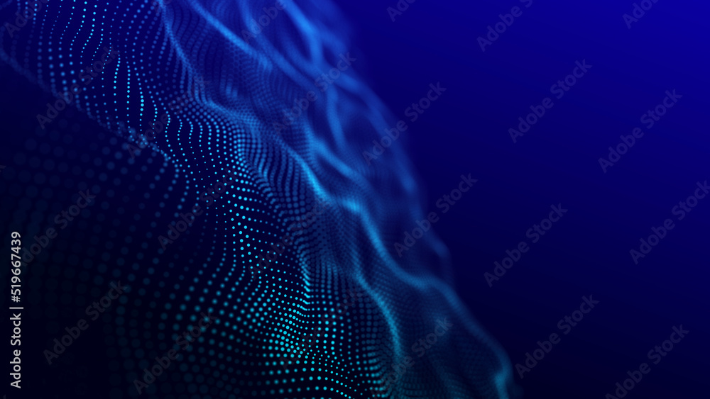 Poster abstract sound wave web banner. artificial intelligence expressed by moving particles. 3d rendering.