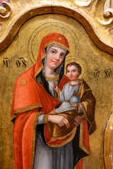 Obraz premium Icon of the Mother of God with Infant Jesus painted around 1780-1790. Part of an iconostasis on display in the Zemplín Museum in Michalovce, Slovakia. 2021/06/13. 