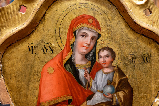 Icon of the Mother of God with Infant Jesus painted around 1780-1790. Part of an iconostasis on display in the Zemplín Museum in Michalovce, Slovakia. 2021/06/13. 