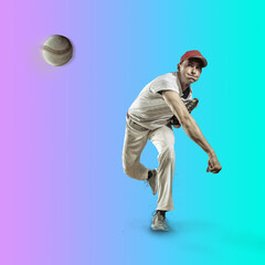 Baseball players in dynamic action in action on gradient multicolored neon background. Concept of sport competition.