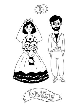 Wedding doodles. Newlyweds, bride in wedding dress with veil, bouquet and stylish groom and wedding rings. Vector illustration. Isolated linear hand drawings. For design, decor and wedding decoration.