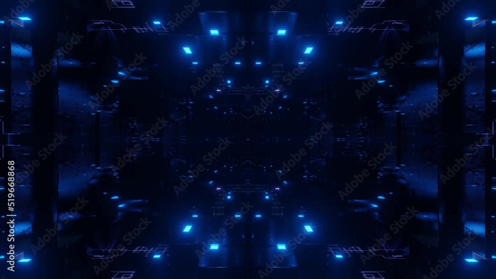 Poster Fly through symmetrical technology cyberspace with neon glow. Sci-fi flight through hi-tech technology tunnel. Neon light. 3d looped 4k bg. sci-fi constructions, mysterious 3d objects