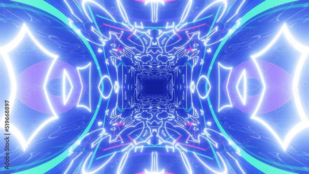 Aufkleber fly through symmetrical technology cyberspace with neon glow. sci-fi flight through hi-tech technolo