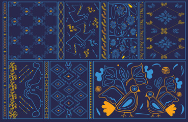 Dark blue background with Ukrainian ethnic prints. Modern ethnic floral ornamental pattern. Hand drawn abstract organic shapes print. 